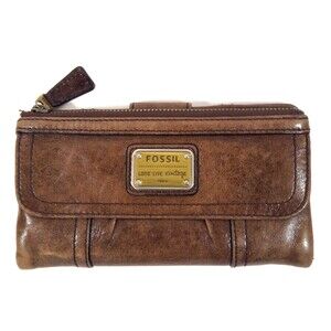 Vtg Fossil Leather Wallet Brown Soft Leather Emory Organizer Clutch Zips Pockets
